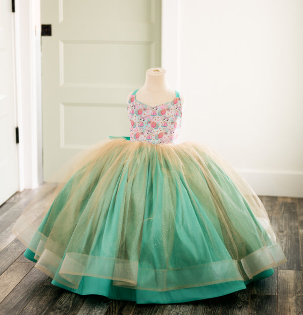 READY to SHIP: Pink, Gold, and Aqua Bunnies: Full Length with Tutu Sewn in: Size 3t, fits 12months-5T