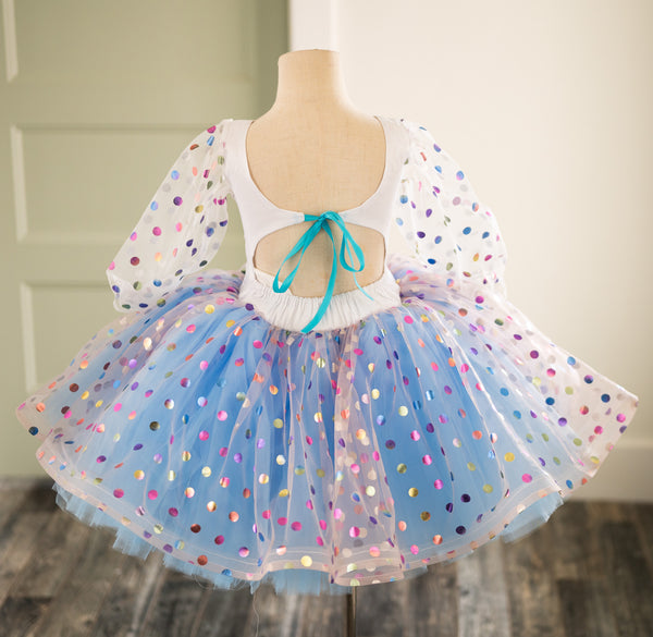 READY to SHIP: Blue and Rainbow Dot: Size 6, fits 4-8