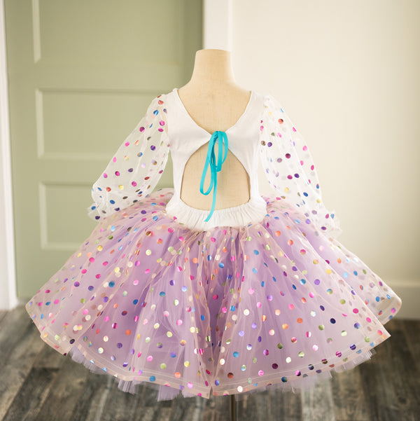 READY to SHIP: Lavender and Rainbow Dot: Size 8, fits 6-10