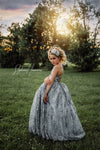 6th Annual Clearance Sale: RETIRED RENTAL: The Asher Gown in GREY WITH a Tutu SEWN IN: Size 12, fits 8-14 +
