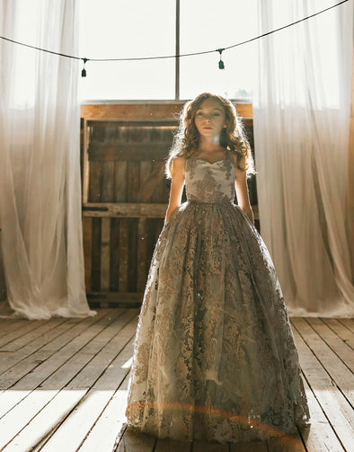 6th Annual Clearance Sale: RETIRED RENTAL: The Asher Gown in GREY WITH a Tutu SEWN IN: Size 12, fits 8-14 +