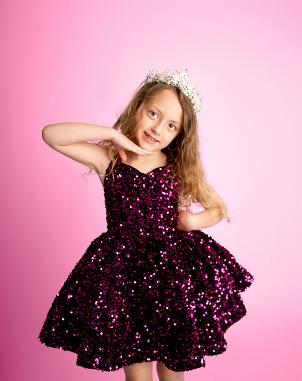 READY to SHIP: BLACK and Hot Pink Velvet Sequins: Size 6, fits 4-8 +