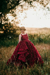 LAST ONE!! REDUCED!! "Emersyn" in Burgundy Butterflies with Waterfall side piece: SWISHY not Poofy: Size 6, fits 4-8 +