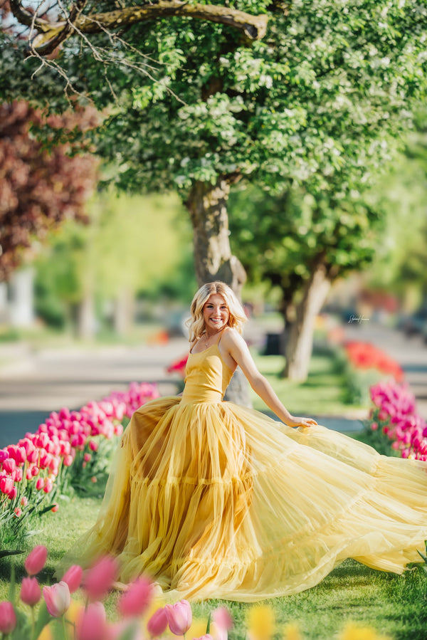 RETIRED RENTAL CLEARANCE SALE: Yellow Momma Dress, Three Tiered Style: Size 16, fits youth 10-adult XL