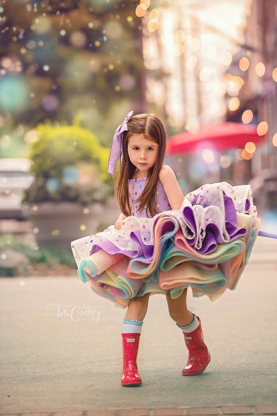 RESERVED for Little Dreamers INSIDERS: Traveling Rental Dress: "Lavender RAINBOW Polka Dot": REVERSIBLE: Size 6, fits 4-8