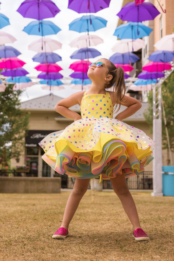 RESERVED for Little Dreamers INSIDERS: Traveling Rental Dress: "Yellow RAINBOW Polka Dot": REVERSIBLE: Size 6, fits 4-8