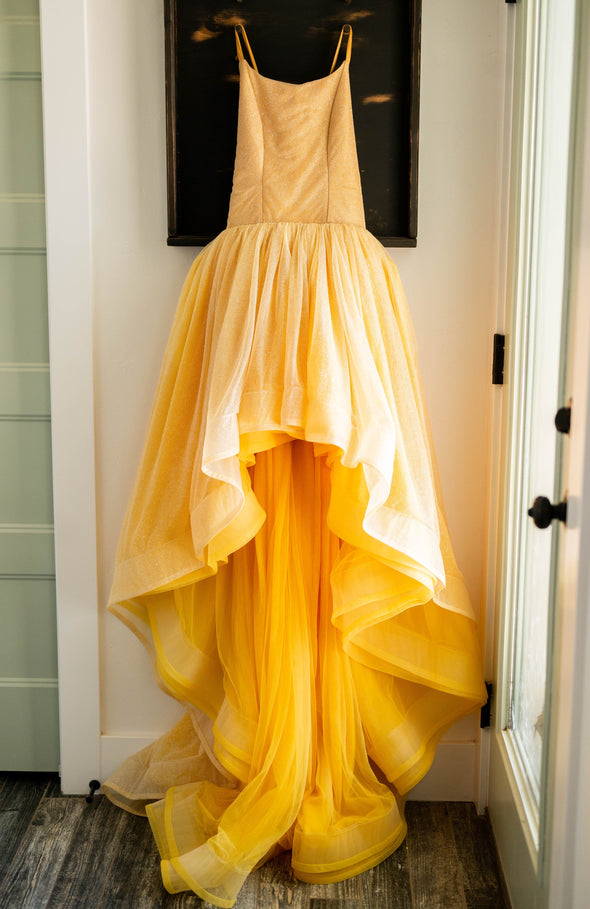 Traveling Rental Dress: "Hello Sunshine" High/Low Gown: Size 16, fits youth 10-adult M/L