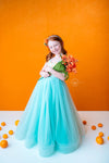 RESERVED for Little Dreamers INSIDERS: Traveling Rental Dress: Oranges on Aqua: Size 5, fits 3-7