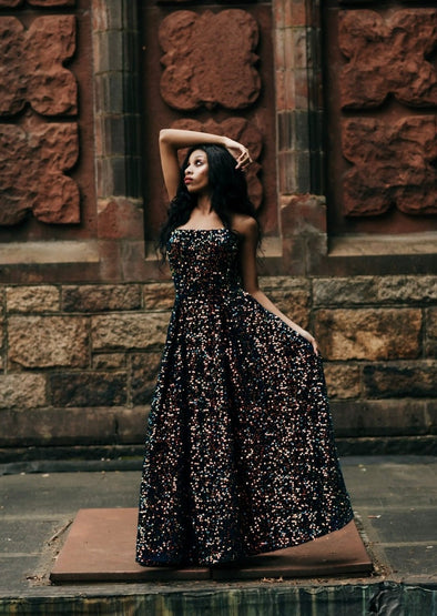 6th Annual Clearance Sale: RETIRED RENTAL: NAVY VELVET SEQUINS: CAMP COUTURE DRESS: Adult Size S-L