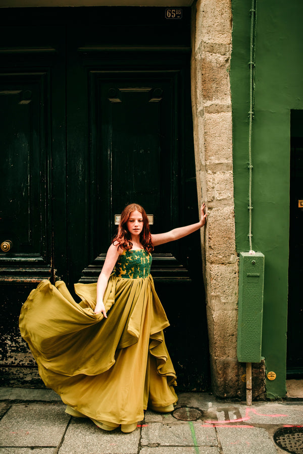 Traveling Rental Dress: The Jules Gown in Chartreuse: Size 14, fits youth 10-petite 16