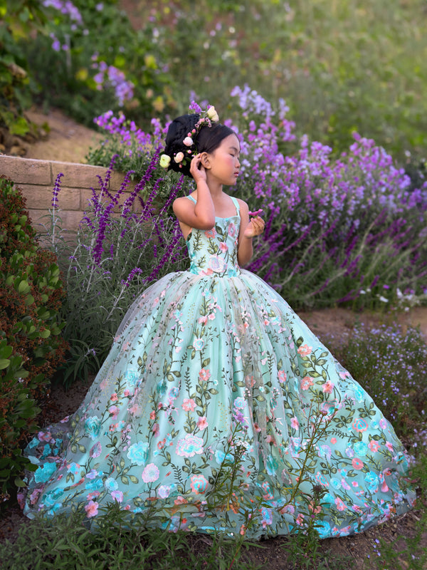RETIRED RENTAL CLEARANCE SALE: Mint Floral Fairytale Dress: Full length size 7, fits 5-9