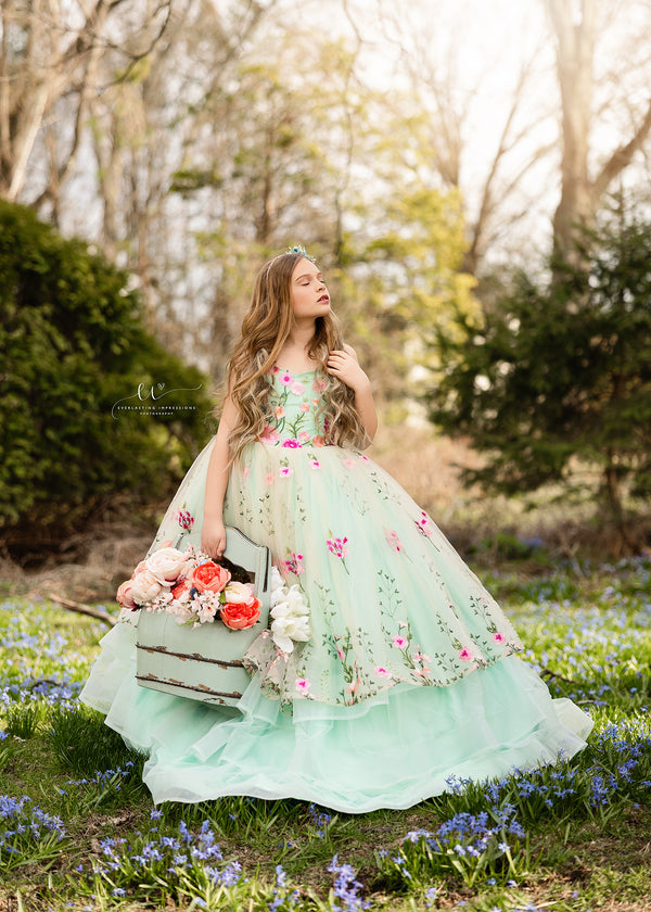 Traveling Rental Dress: The 'Mint Floral' Tiered Gown: Size 10, fits 8-12 +