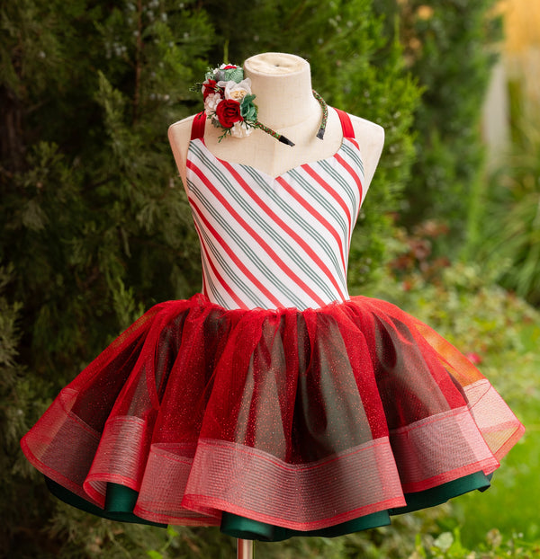 READY to SHIP Sale: Size 4, fits 2-6: Candy Cane Stripes' with Red Glitter over Green