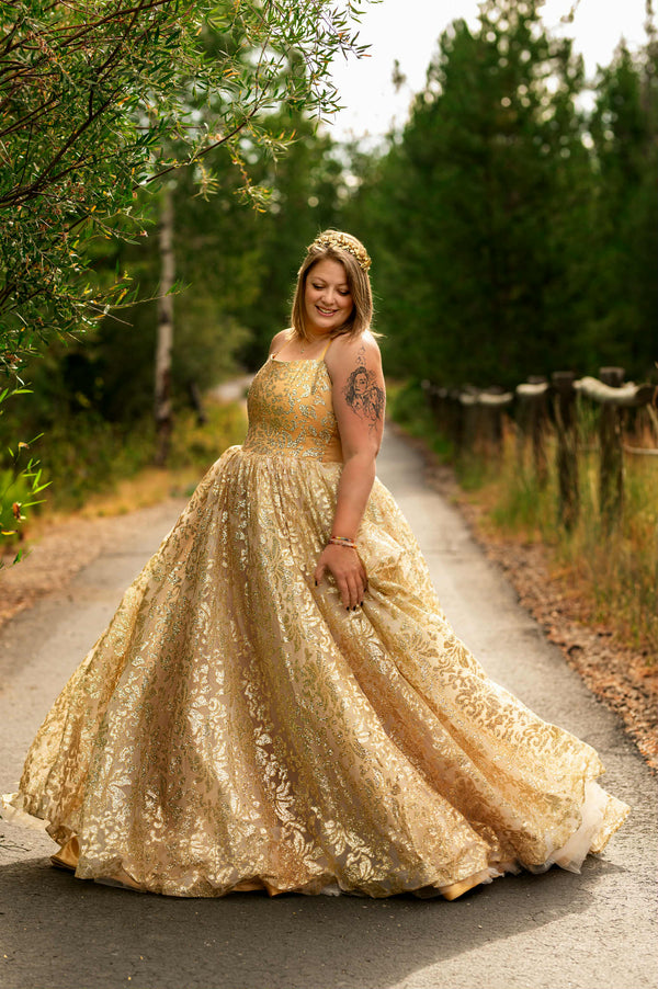 Traveling Rental Dress: The 'Whitney' Gown in Gold: Size 16, fits adult XS-Adult XXL