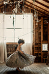 6th Annual Clearance Sale: RETIRED RENTAL: The Asher Gown in GREY WITH a Tutu SEWN IN: Size 12, fits 8-14 +