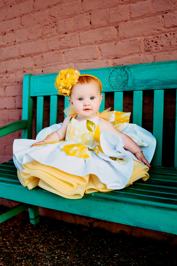 RESERVED for Little Dreamers INSIDERS: Traveling Rental Dress: "Lilly Lemon" Size "itty bitty", fits 3 months up to 3T