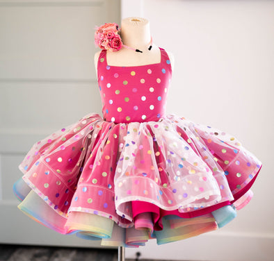RESERVED for Little Dreamers INSIDERS: Traveling Rental Dress: "Hot Pink RAINBOW Polka Dot": REVERSIBLE: Size 6, fits 4-8