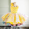 RESERVED for Little Dreamers INSIDERS: Traveling Rental Dress: "Yellow RAINBOW Polka Dot": REVERSIBLE: Size 6, fits 4-8