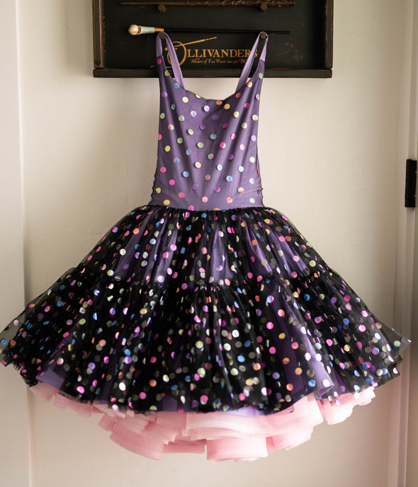 RESERVED for Little Dreamers INSIDERS: Traveling Rental Dress: The "Lavender Rainbow Dots" Shortie: Size 12, fits sizes 8-petite 16