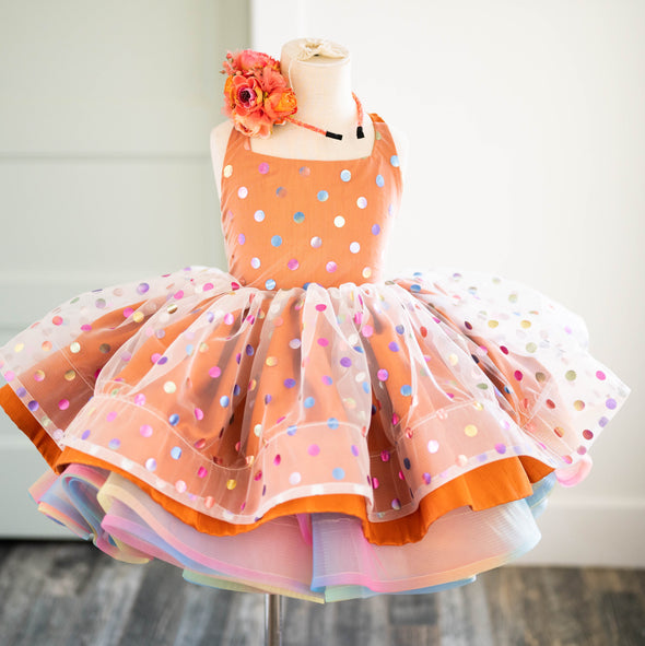 RESERVED for Little Dreamers INSIDERS: Traveling Rental Dress: "Orange RAINBOW Polka Dot": REVERSIBLE: Size 6, fits 4-8