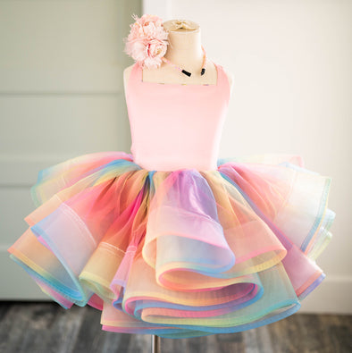 RESERVED for Little Dreamers INSIDERS: Traveling Rental Dress: "Light Pink RAINBOW Polka Dot": REVERSIBLE: Size 6, fits 4-8