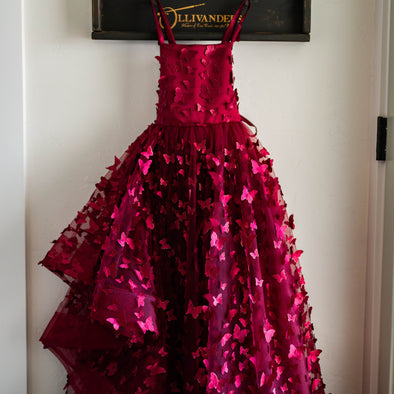 LAST ONE!! REDUCED!! "Emersyn" in Burgundy Butterflies with Waterfall side piece: SWISHY not Poofy: Size 6, fits 4-8 +