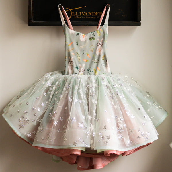 READY to SHIP: Sage Green Bunnies and Silver Stars: REVERSIBLE: Size 8, fits 6-10 +