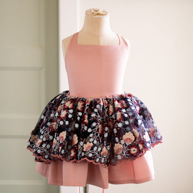 READY to SHIP SALE: Hadley Shortie with REMOVABLE Skirt Overlay: Rose and Navy Floral: Size 6, fits 4-8 +