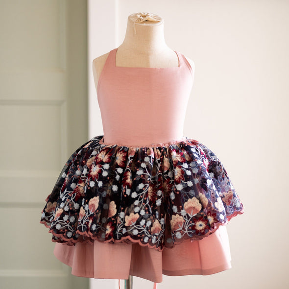 READY to SHIP SALE: Hadley Shortie with REMOVABLE Skirt Overlay: Rose and Navy Floral: Size 6, fits 4-8 +