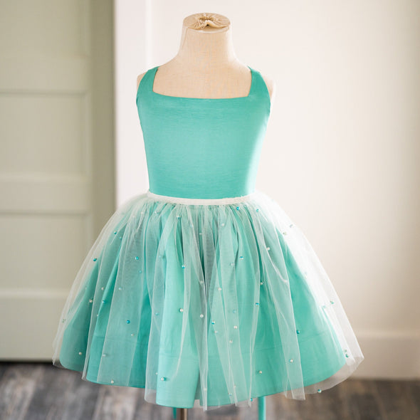 READY to SHIP SALE: Hadley Shortie with REMOVABLE Skirt Overlay: Tiffany Blue with Pearls: Size 7, fits 5-9 +