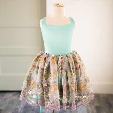 READY to SHIP SALE: Hadley Shortie with REMOVABLE Skirt Overlay: Aqua Floral Sparkle: Size 8, fits 6-10 +