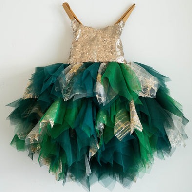 READY to SHIP SALE: Evergreen and Gold Boho Fairy Dress: Size Itty Bitty: fits 3months-3T