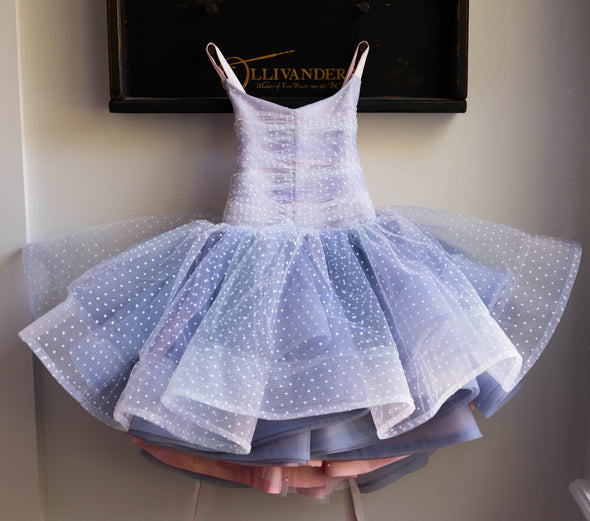 READY to SHIP SALE: SPRING 2024: Periwinkle Flocked Dots with Pink and Pearls: Flip Dress: R E V E R S I B L E: Size 7, fits 5-9 +