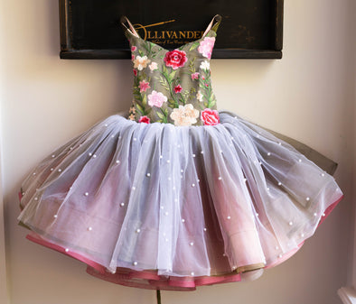 READY to SHIP SALE: Fall Floral: Olive and Blush with Pearls: Flip Dress: R E V E R S I B L E: Size 7, fits 5-9 +