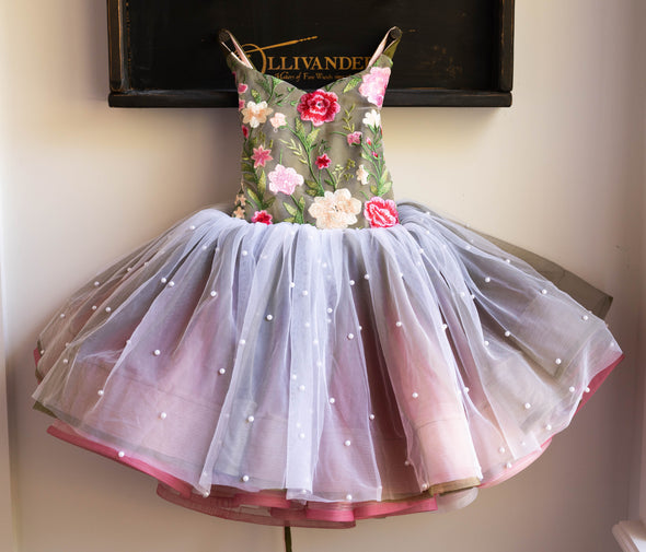 READY to SHIP SALE: Fall Floral: Olive and Blush with Pearls: Flip Dress: R E V E R S I B L E: Size 7, fits 5-9 +