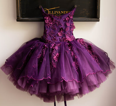 READY to SHIP SALE: Eggplant Dahlia Shortie with Tutu: Size 12, fits 8-14 +