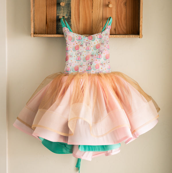 READY to SHIP: The 'Pink, Gold, and Aqua Bunnies' Shortie: REVERSIBLE: Size 7, fits 4-9