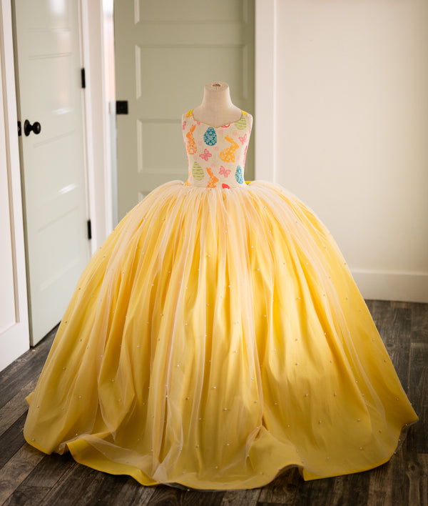 READY to SHIP: Yellow Rainbow with Pearls and Tutu Sewn in: Size 8, fits 6-10