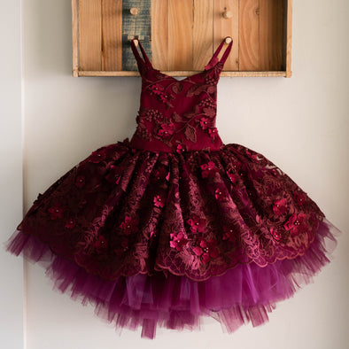 READY to SHIP SALE: Burgundy Dahlia with Tutu Sewn In: Size 5, fits 3-7 +