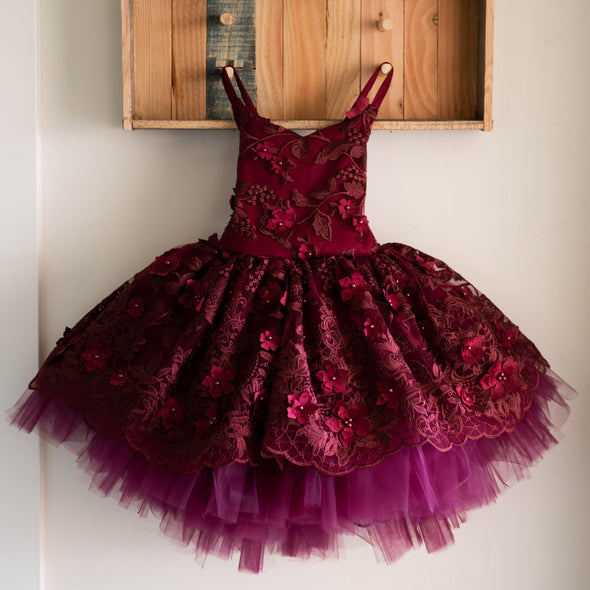 READY to SHIP SALE: Burgundy Dahlia with Tutu Sewn In: Size 5, fits 3-7 +