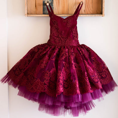 READY to SHIP SALE: Burgundy Brinley Shortie with Tutu Sewn in: Size 7, fits 5-9 +
