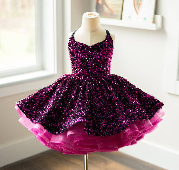RETIRED RENTAL CLEARANCE SALE: Rocker Girl Glam Gown: Velvet Sequins in Black and Hot Pink: Size 5, fits 3-7 +