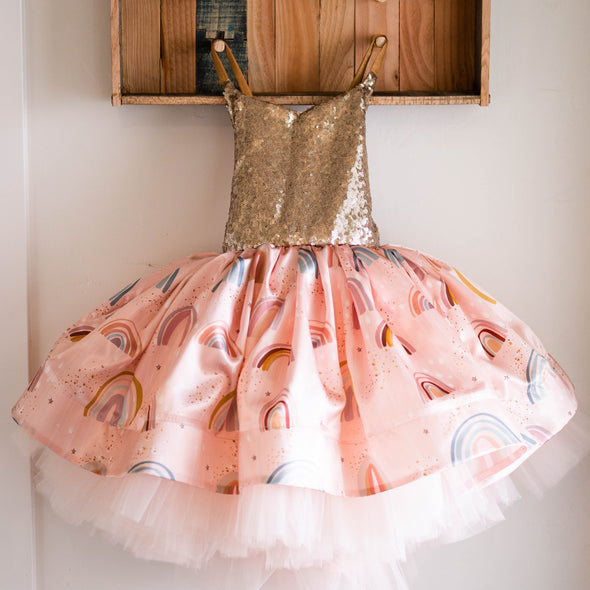 READY to SHIP SALE: Gold Glitter Rainbow With Tutu Sewn in: Size 8, fits 6-10 +