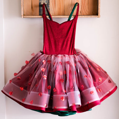 READY to SHIP SALE: Red Hearts + Green and Gold: REVERSIBLE: Size 10, fits 8-12 +