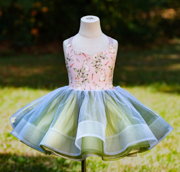 READY to SHIP: Bunnies in the Garden: Soft Pink Background: SIZE 5, fits 3-7 +