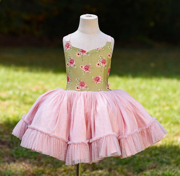 READY to SHIP: The 'Roses and Ruffles' in Pink and Green Shortie Dress