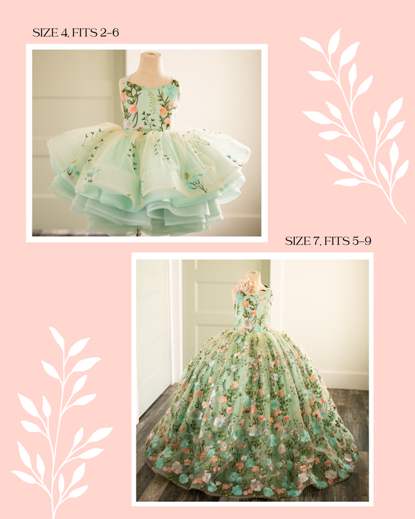 Traveling Rental Dress: Mint Floral Sister Set: Full Length Size 7, fits 5-9. Shortie Size 4, fits 2-6