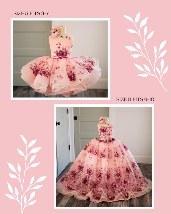 Traveling Rental Dress: Glitter Rose Sister Set: Full length size 8, fits 6-10. Shortie size 5, fits 3-7