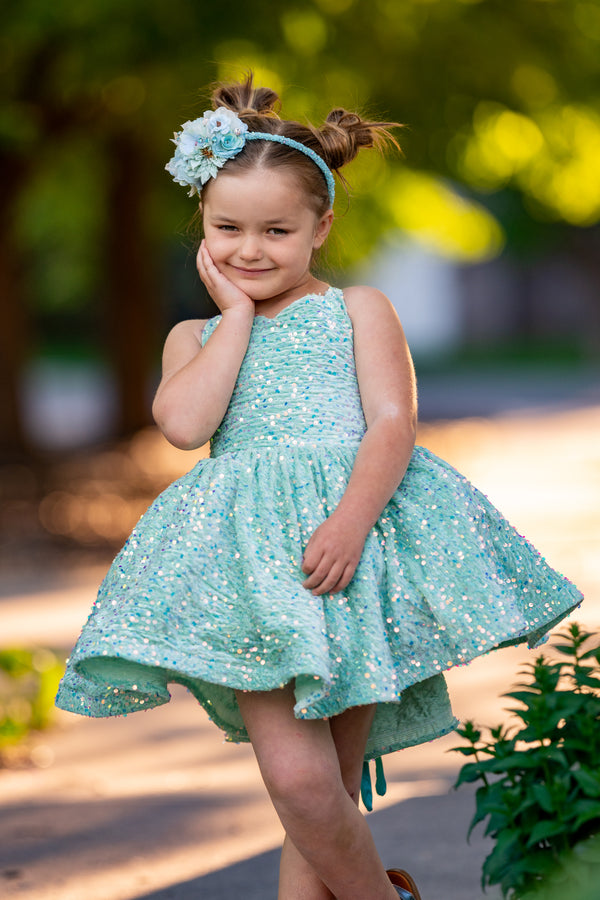 PRE-ORDER: "Seafoam” in Velvet Sequins: Size 6, fits 4-8 +