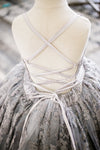 6th Annual Clearance Sale: RETIRED RENTAL: The Asher Gown in GREY WITH a Tutu SEWN IN: Size 12, fits 8-14 +